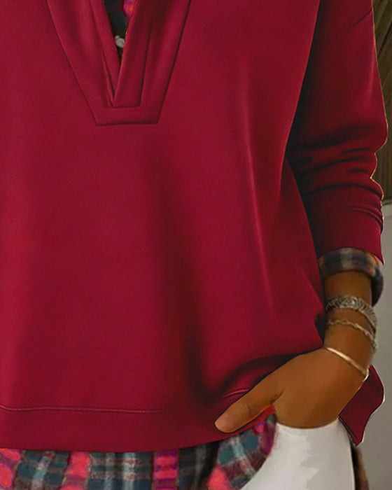 Kapuzenpullover Fake-Zweiteiler kariertes Patchwork