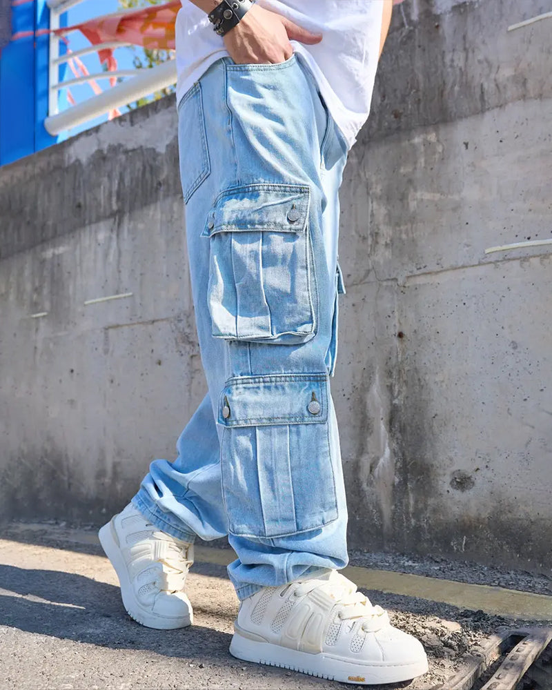 Jeans Herren Locker Solid Klappe Tasche Cargo Denim