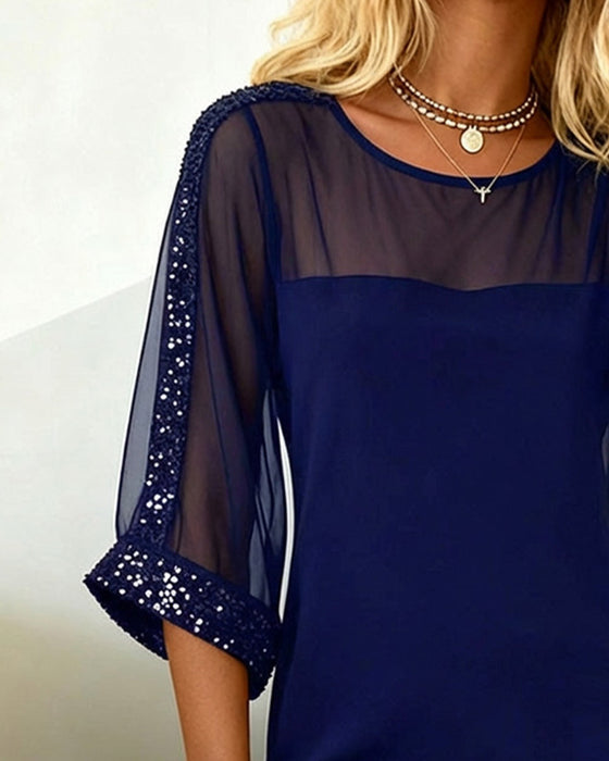 Kleid Glitzer Eingefasst Mesh Rundhalsausschnitt