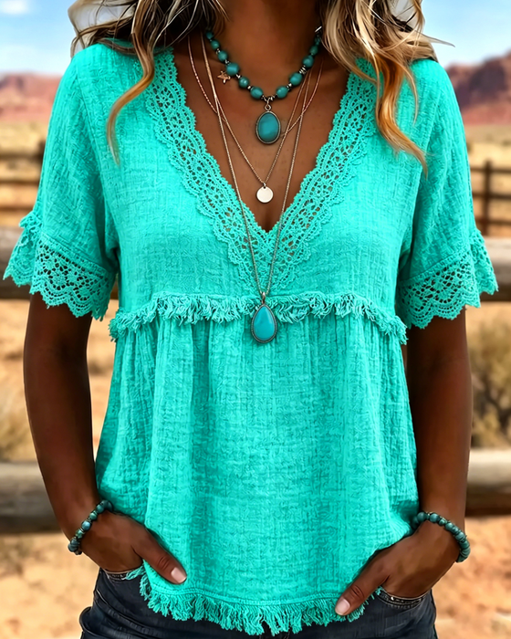 Bluse V-Ausschnitt Spitze Trim Design