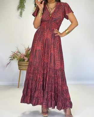 Kleid Boho V-Ausschnitt Plissiert Lang