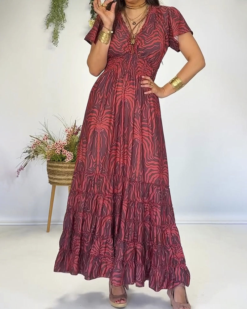 Kleid Boho V-Ausschnitt Plissiert Lang