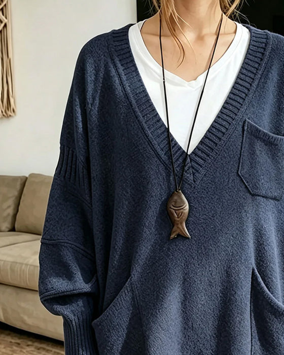 Pullover V-Ausschnitt Tasche Lang