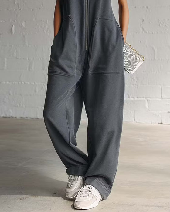 Unifarbener Jumpsuit Mit Kapuze Und Tasche