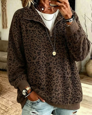 Sweatshirt Halb Reißverschluss Leopard Pullover