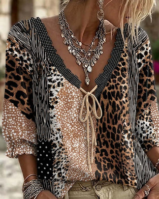 Bluse V-Ausschnitt Leopard Punkt Puffärmel