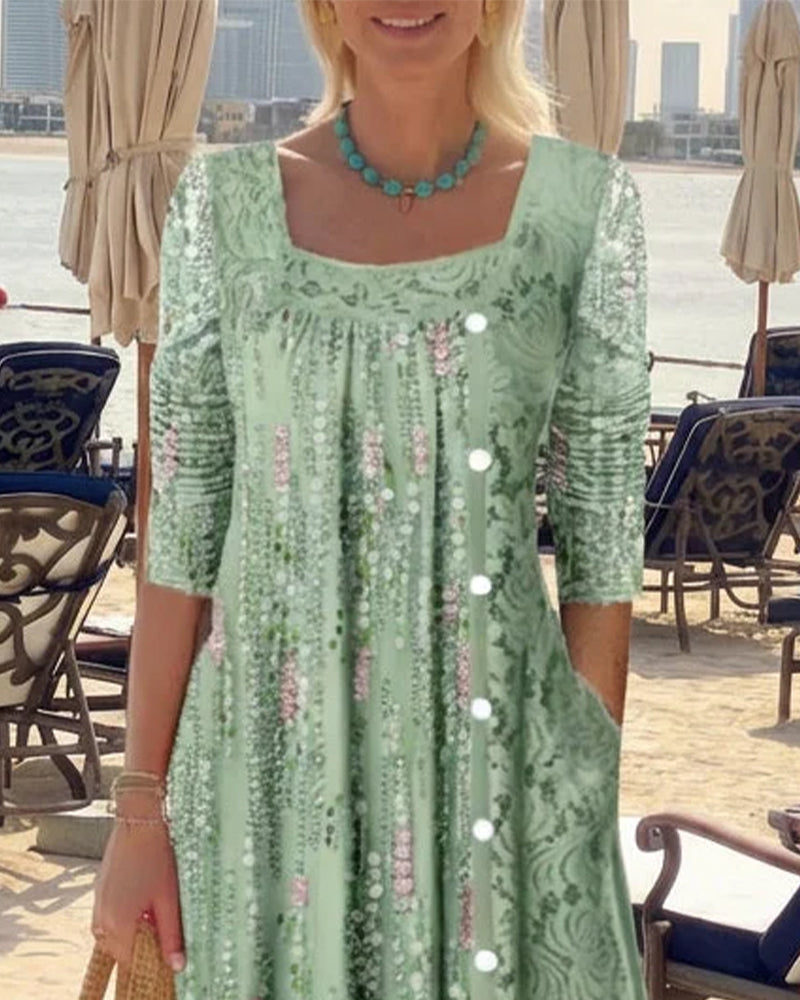 Kleid Eckiger Ausschnitt Bedruckt Frontknopf