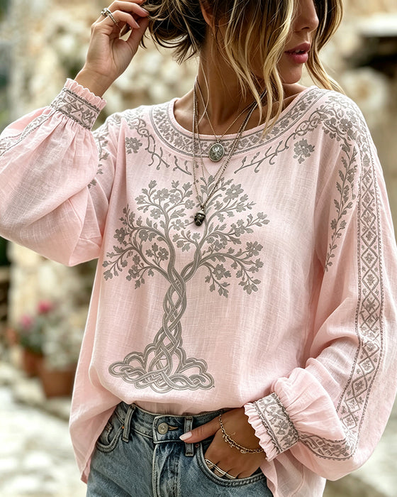 Bluse Rundhals Baum Print Lässig