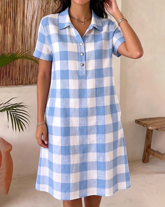 Kleid Revers Blau Und Weiß Karo