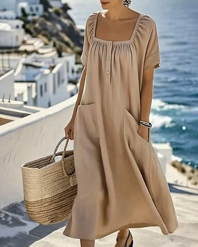 Kleid Quadratischer Ausschnitt Locker Halbgeknöpft Lang