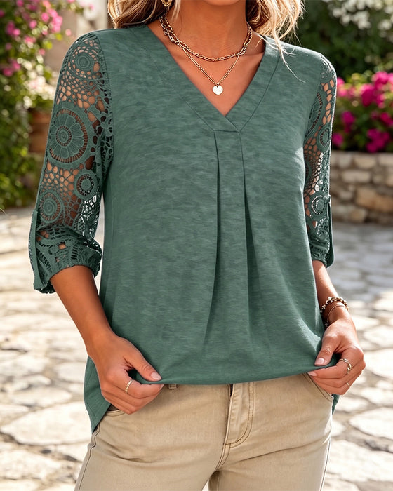 Bluse Spitze Patchwork V-Ausschnitt