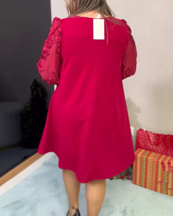 Kleid Puffärmel Tüll Eingesetzt V-Ausschnitt Lockere Passform