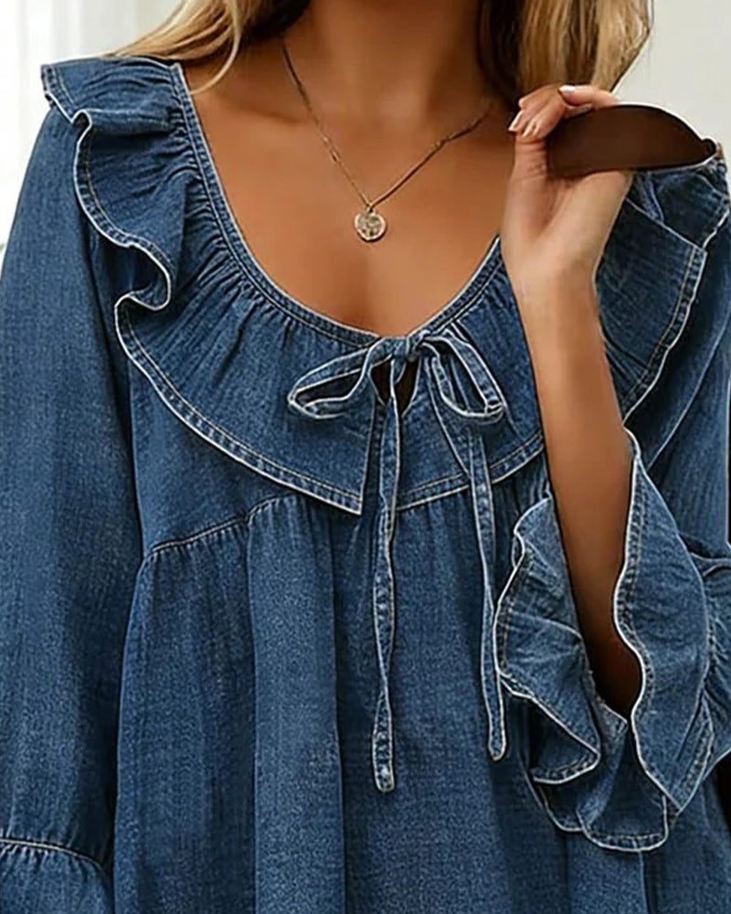 Bluse Rüschenbindung Denim Rundhals
