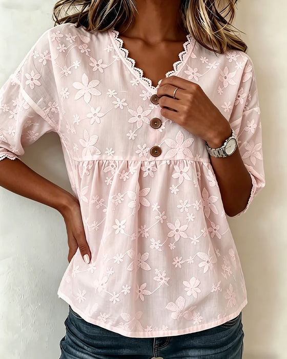 Bluse Dreidimensionale Blume V-Ausschnitt Halbarm