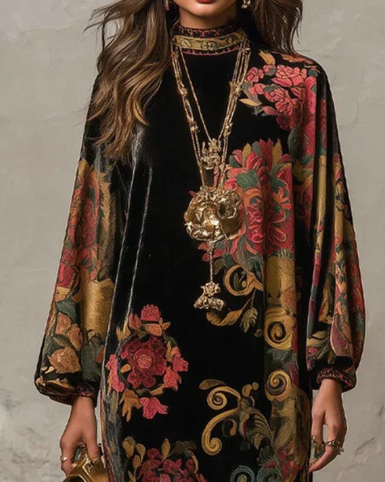 Kleid Mock-Neck Floral Velvet Langarm Maxi