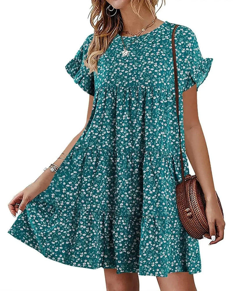 Kleid Rüsche Ärmel Leopard Gestuft