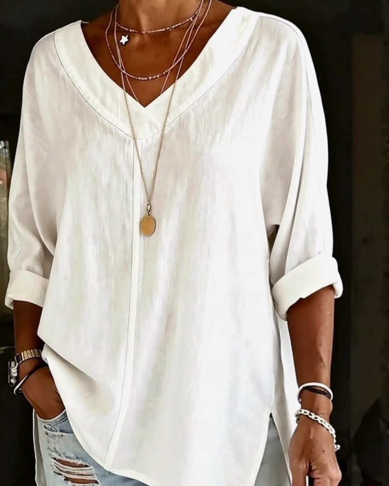 Top V-Ausschnitt Sieben-Ärmel Geteilt Baumwolle Leinen