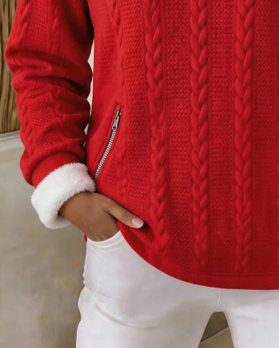 Sweatshirt Zopfstrick Fleece-gefüttert Halber Reißverschluss