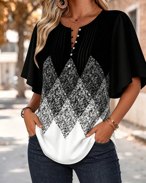 T-Shirt Mit Diamantmuster-Gradientendruck Und V-Ausschnitt