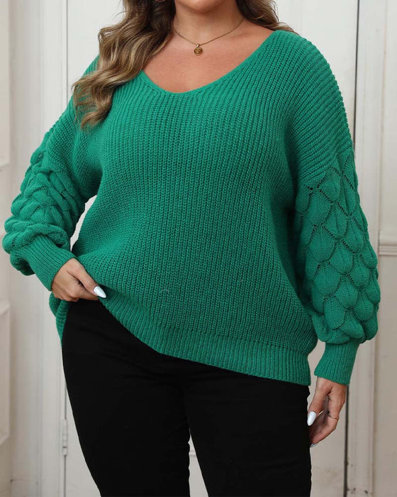 Pullover Puffärmel V-Ausschnitt Gestrickt