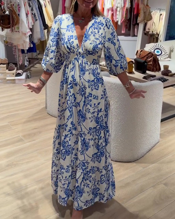 Kleid Tiefer V-Ausschnitt Elegant Blumig Lang