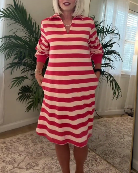 Gestreiftes Kleid mit Kragen und langen Ärmeln
