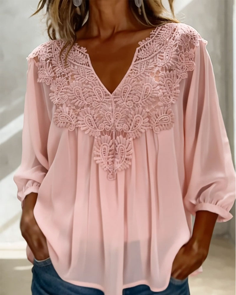 Bluse V-Ausschnitt Spitze Einfarbig
