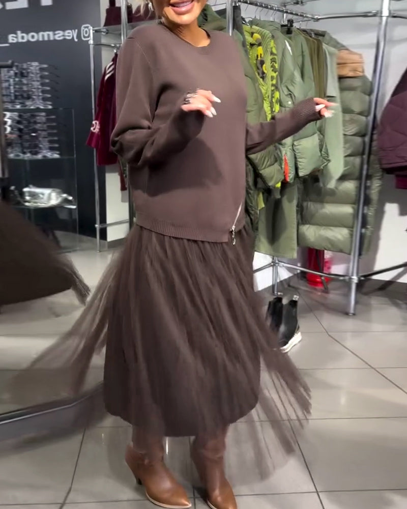 Stylisches Set Mit Rundhalspullover Und Reißverschlussdetail