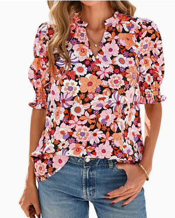 Bluse Blumenprint Puff Kurzarm