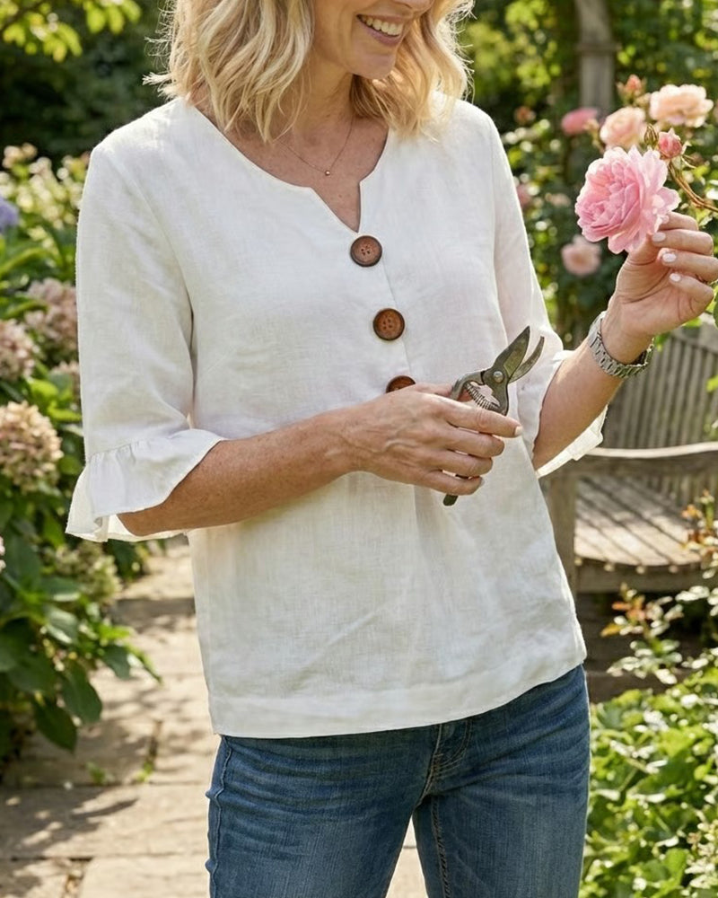 Blusen Einfarbig Baumwollleinen Holzknöpfe Rüschen