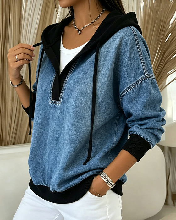 Hoodie Farbblock V-Ausschnitt Kordelzug