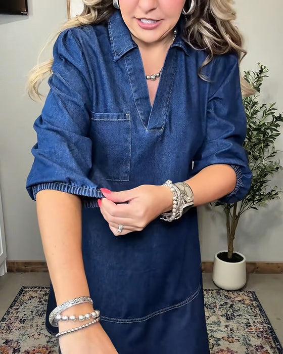 Jeanskleid Mit Kragen Und Laternenärmeln