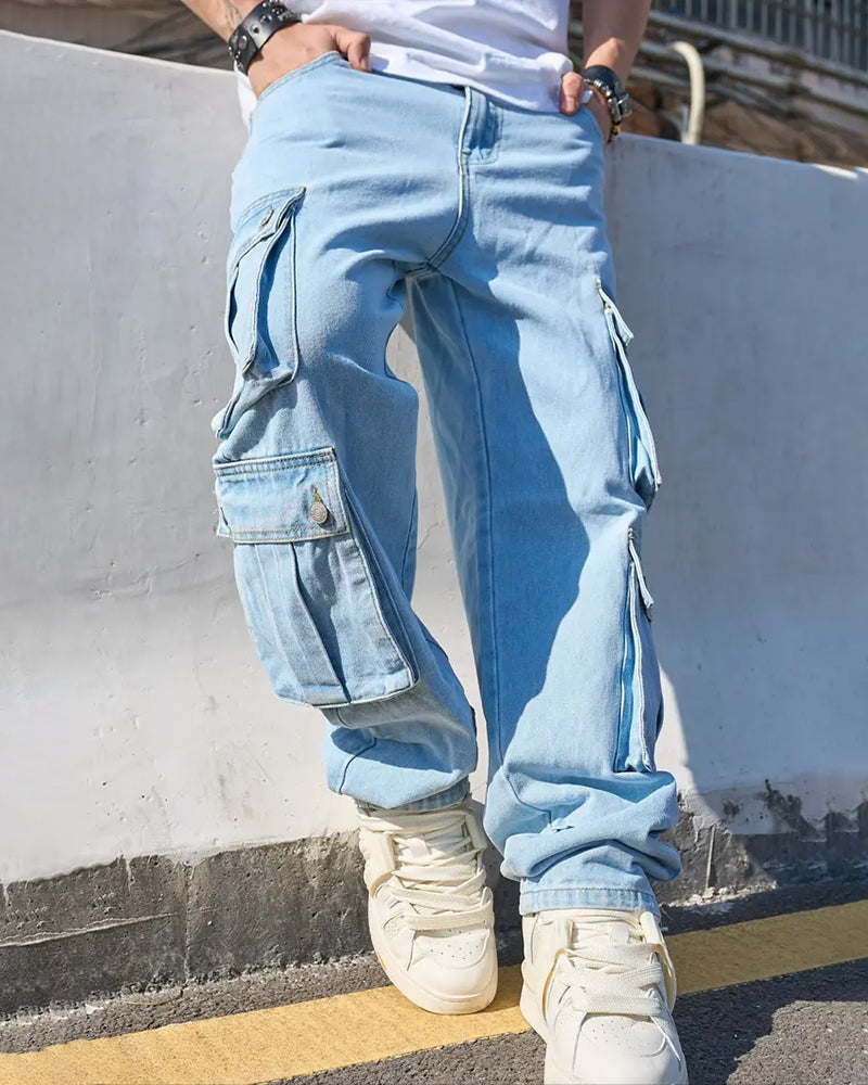 Jeans Herren Locker Solid Klappe Tasche Cargo Denim