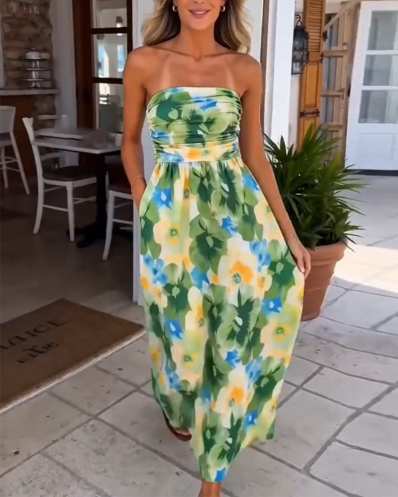Kleid Blumen Trägerlos Taille A-Linie