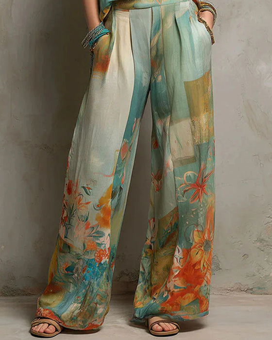 Set V-Ausschnitt Blumige Bluse + Gerade Bein Hosen