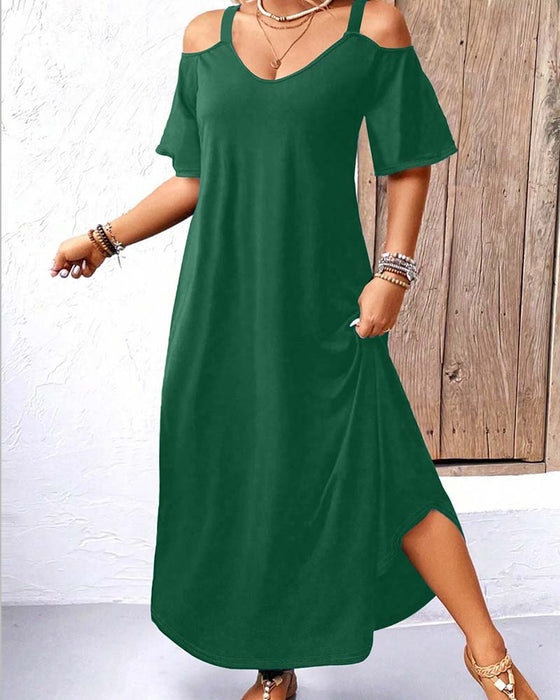 Kleid Einfarbig V-Ausschnitt Off-Shoulder Lang