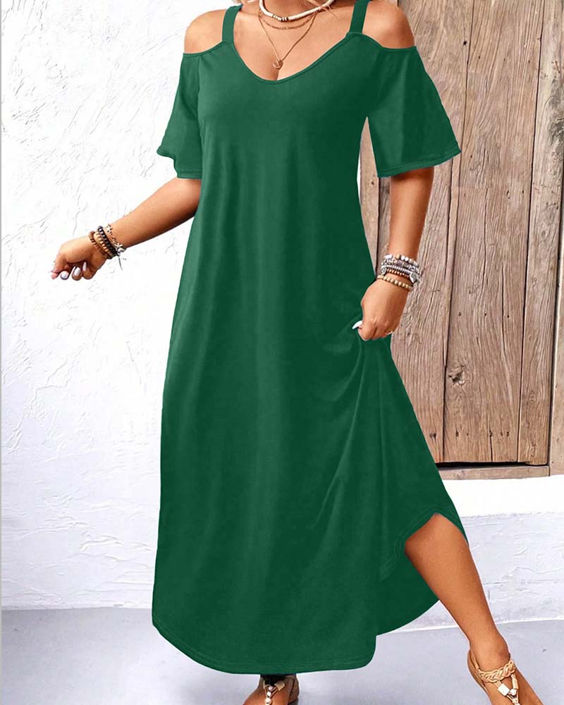 Kleid Einfarbig V-Ausschnitt Off-Shoulder Lang