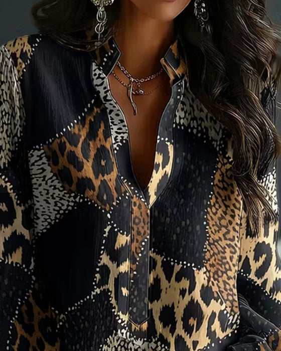 Bluse Mini Mandarin Kragen Leopard Panel Locker