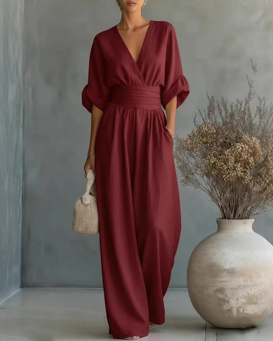 Jumpsuit V-Ausschnitt Kreuz Tailliert Breites Bein
