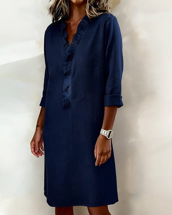 Kleid gerüscht V-Ausschnitt einfarbig