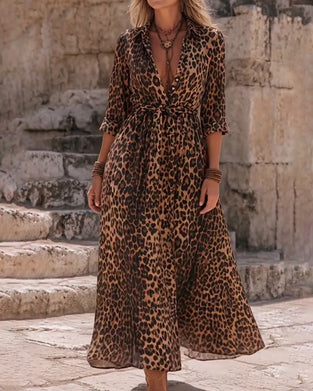 Kleid Leopardenmuster A-Saum Träger Lang