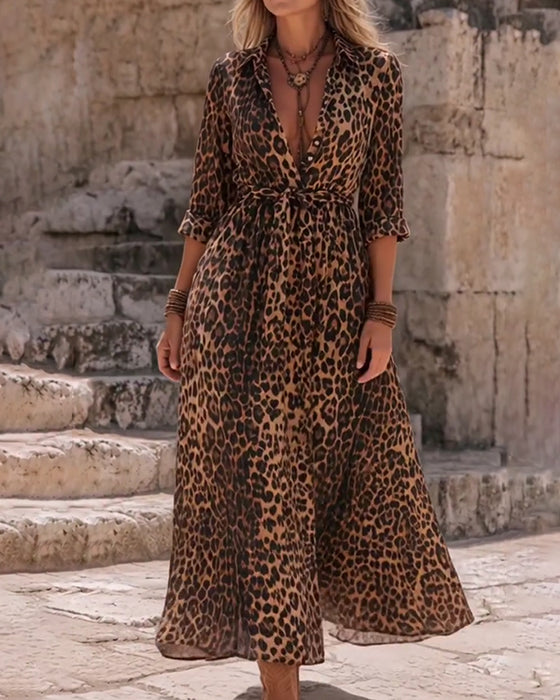 Kleid Leopardenmuster A-Saum Träger Lang