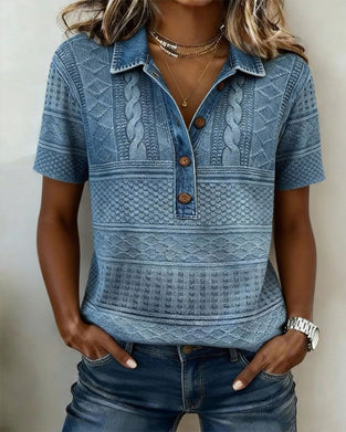 T-Shirt Umlegekragen Denim Bedruckt