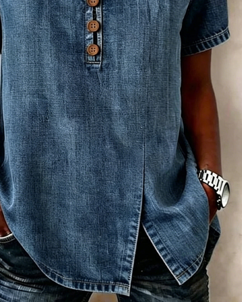 Bluse aus Denim mit geschlitztem V-Ausschnitt