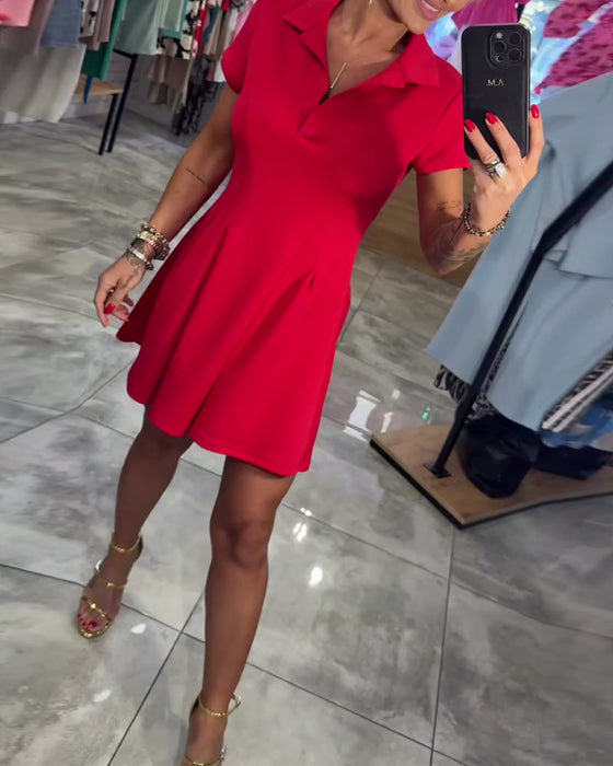 Kleid Revers Kurzarm Plissiert A-Linie