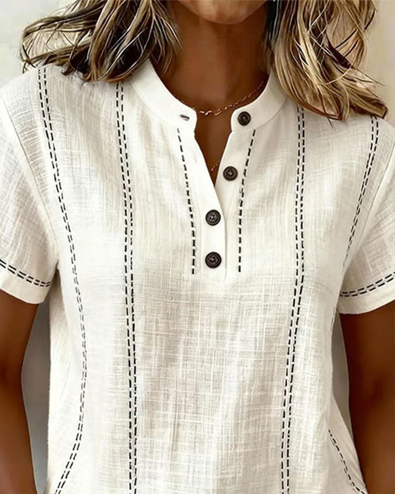 T-Shirt Mode Lässig Knopf V-Ausschnitt