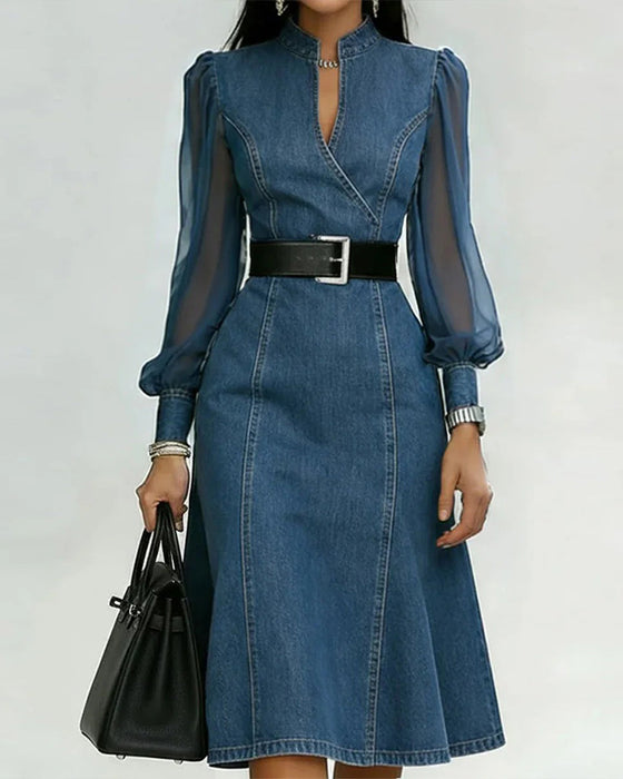Kleid mit Mesh- und Denim-Patchwork