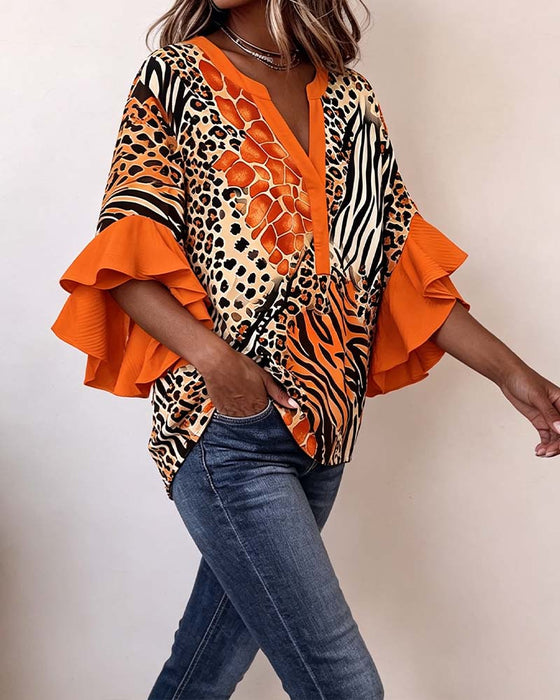 Bluse Zebra Leopard Druck Rüsche Ärmel