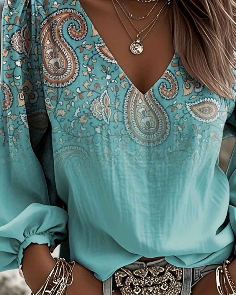 Bluse Farbverlauf Paisley-Muster V-Ausschnitt Puffärmel