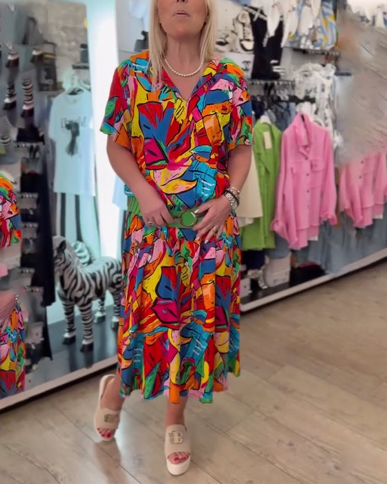 Kleid Reverskragen Bemaltes Muster Kurzarm